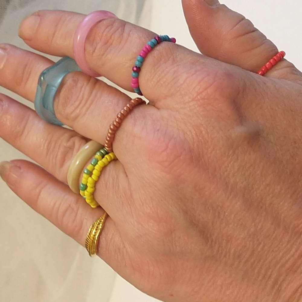 9 Piece Gold Feather, Acrylic, and Beaded Ring Set!